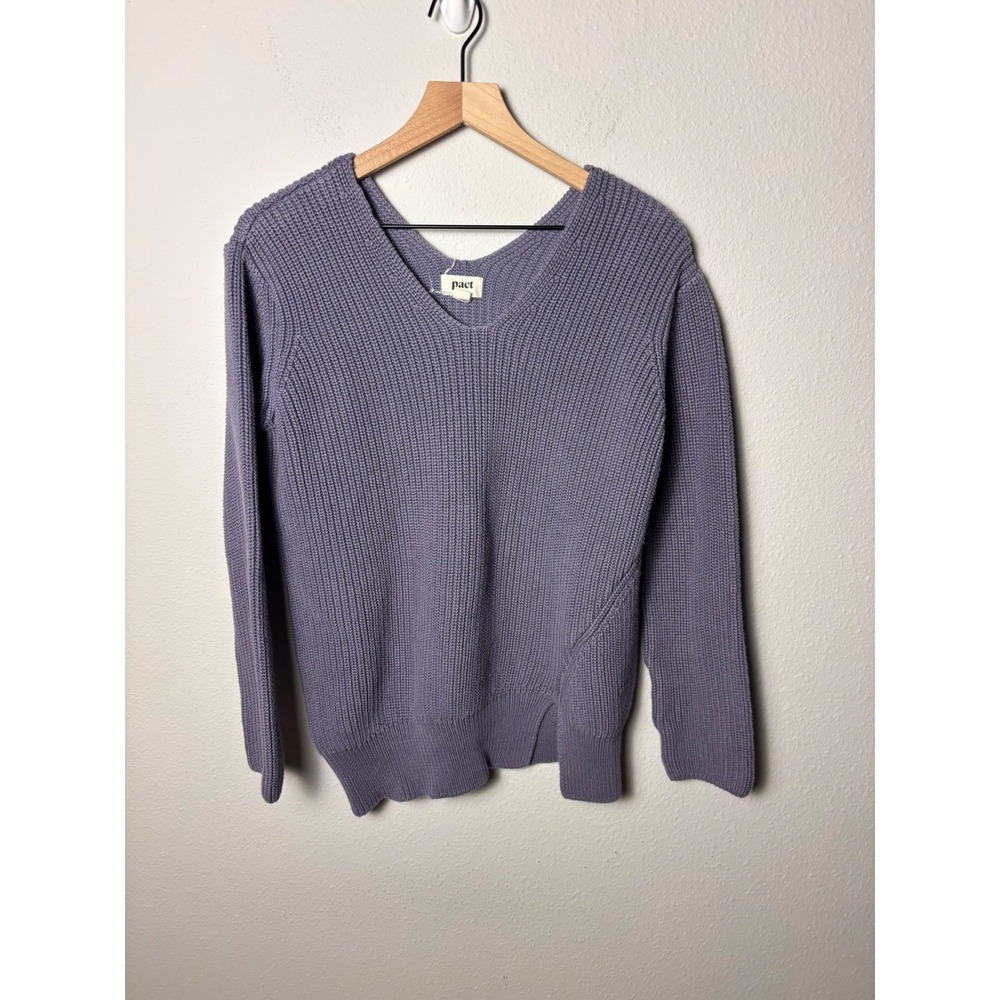 Pact Double V Neck Sweater Currant Purple 100% Organic Cotton Ribbed Knit Medium
